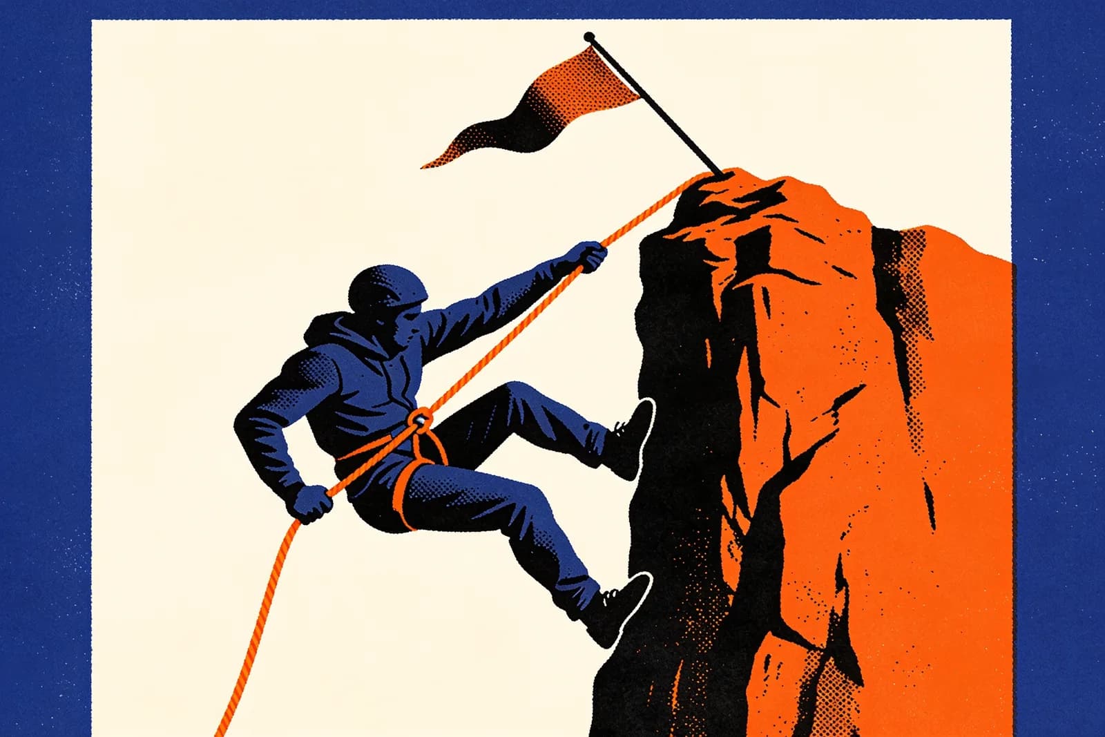 Ein Kletterer zieht sich an einem Seil eine Klippe hinauf, um eine gefallene Flagge neu zu setzen – ein Sinnbild für das Wiederherstellen verlorener Rankings