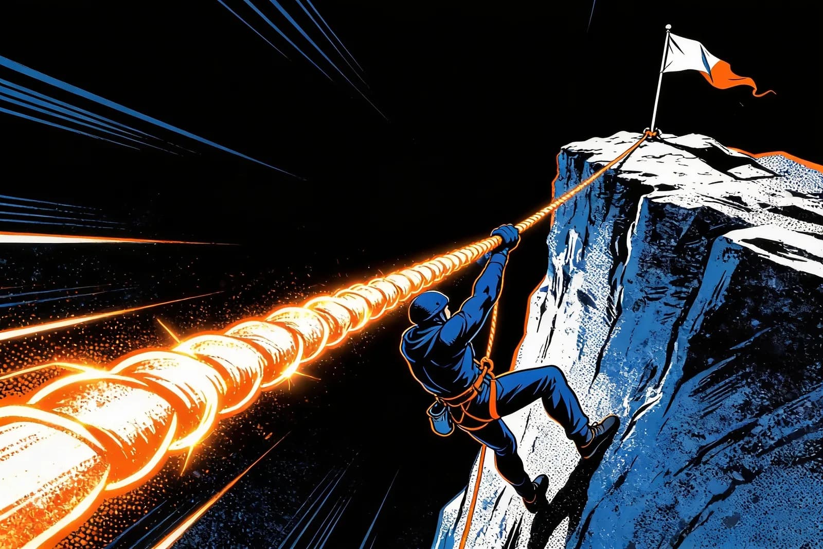 Climber hauling up a cliff on a rope to replant a fallen flag, illustrating recovering lost rankings