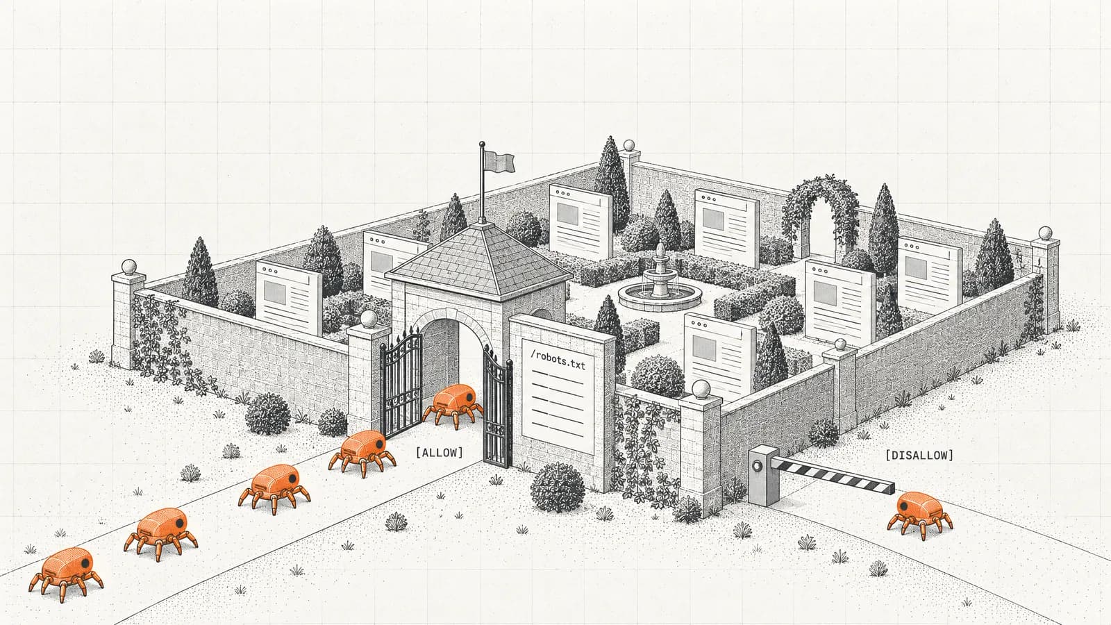 Orange crawler bots at a gatehouse with a posted rule sheet: some pass through the gate, one is stopped at a barrier