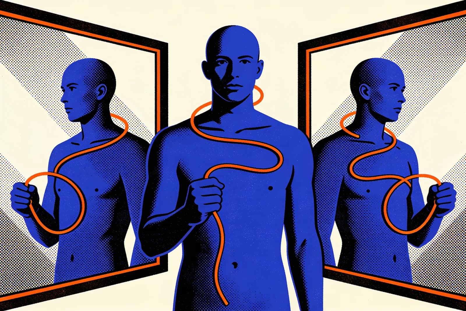 Figure between mirrors with a thread looping back to itself, illustrating self-referencing hreflang tags