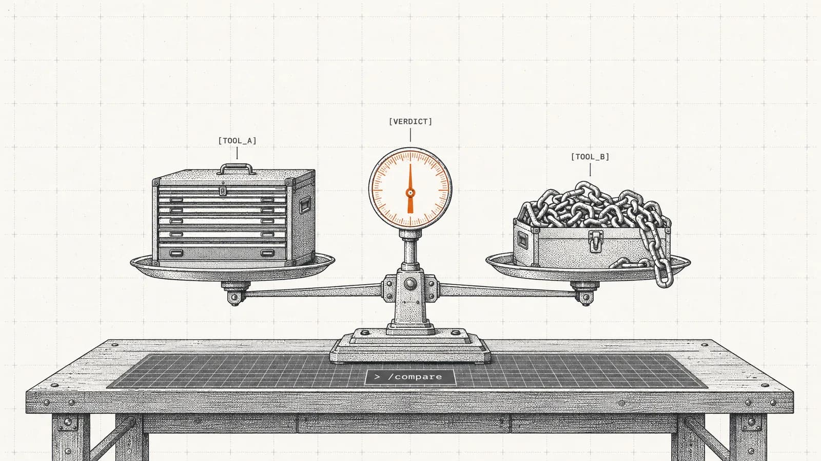 Two unbranded toolboxes weighed on a balance scale with an orange needle