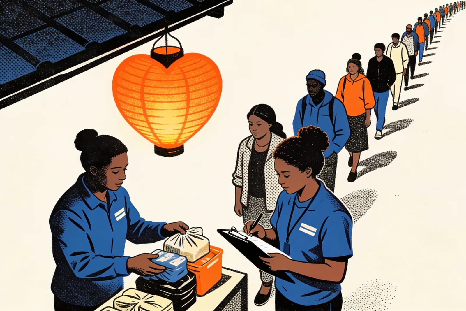 Volunteers handing out supplies under a heart lantern while one checks a clipboard, illustrating charity SEO