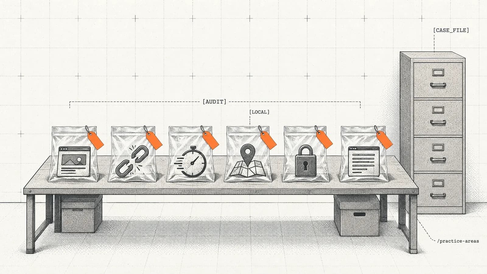 Six evidence bags holding parts of a law firm's website lie on a table, each with an orange tag