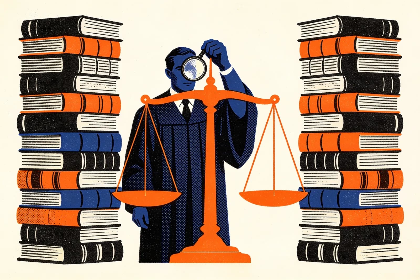 Lawyer inspecting a glowing scale of justice among columns of law books, illustrating SEO audits for lawyers