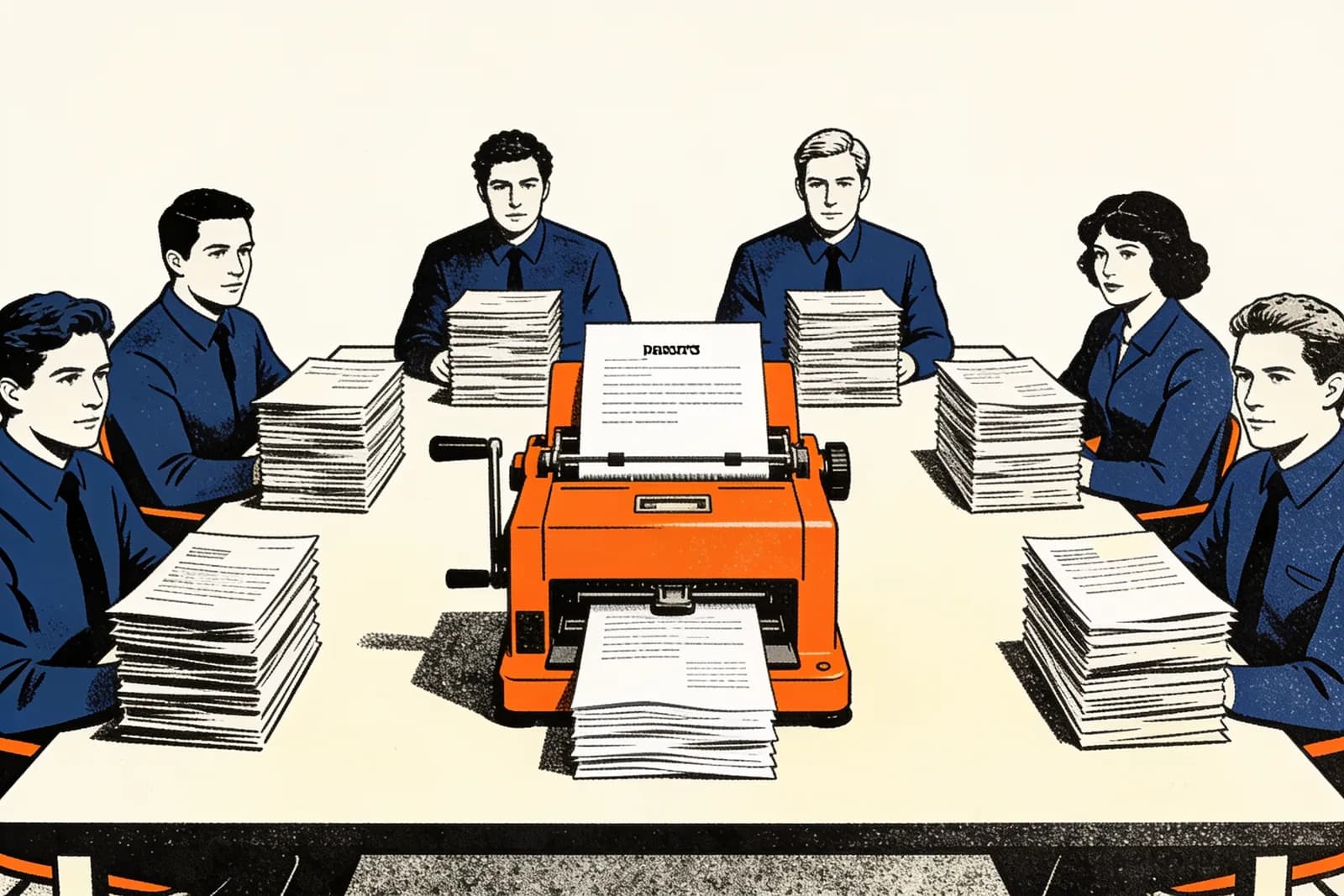 Agency team around a machine stamping stacks of reports, illustrating an SEO audit tool for agencies