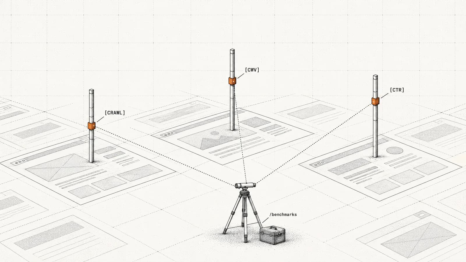 Three surveyor's levelling poles stand on a landscape of web pages, each with an orange marker set at a different height
