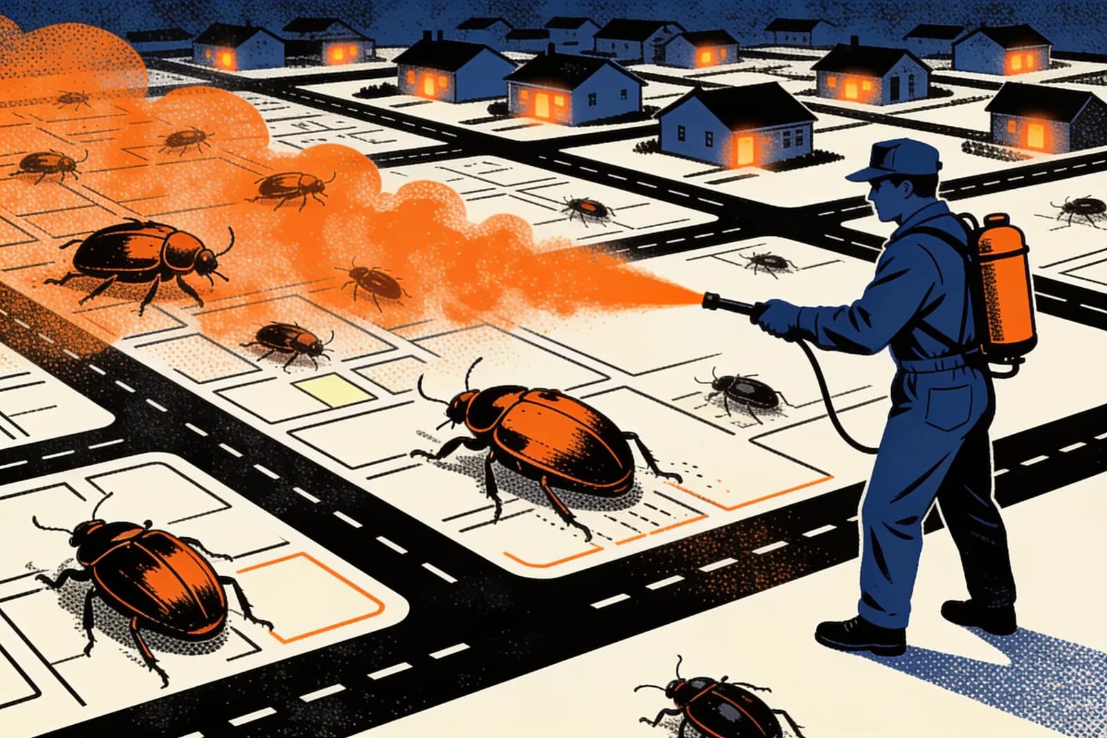 Exterminator spraying beetles off a neighbourhood map, illustrating local SEO for pest control companies