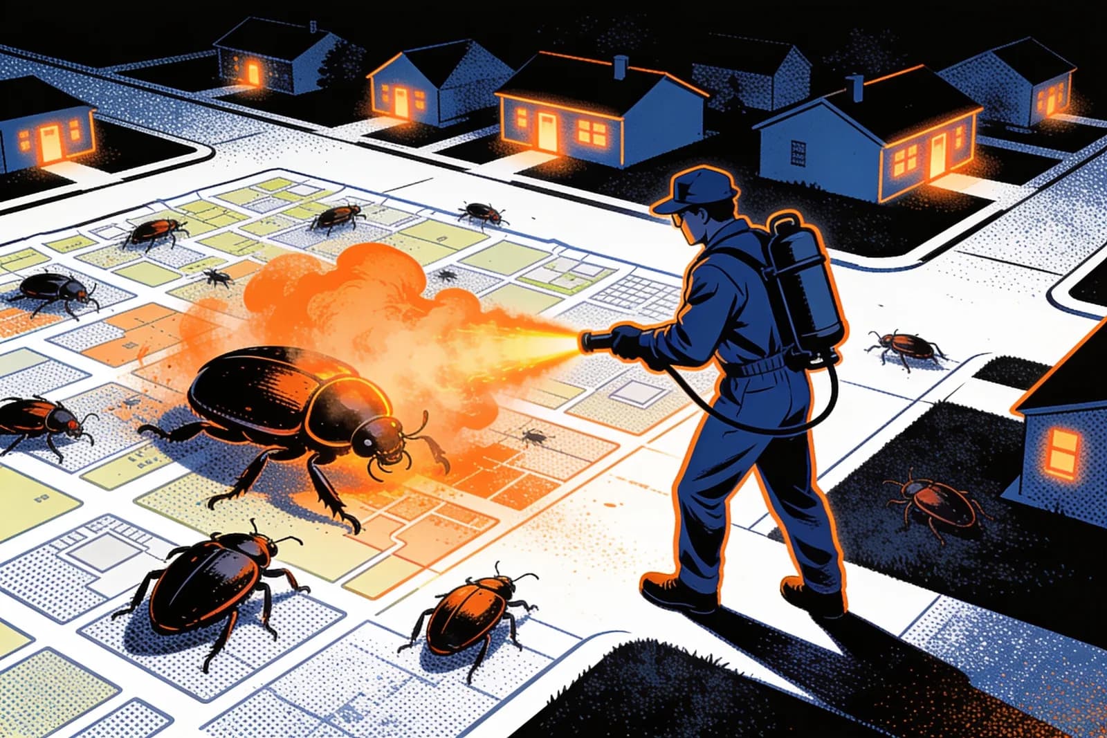 Exterminator spraying beetles off a neighbourhood map, illustrating local SEO for pest control companies
