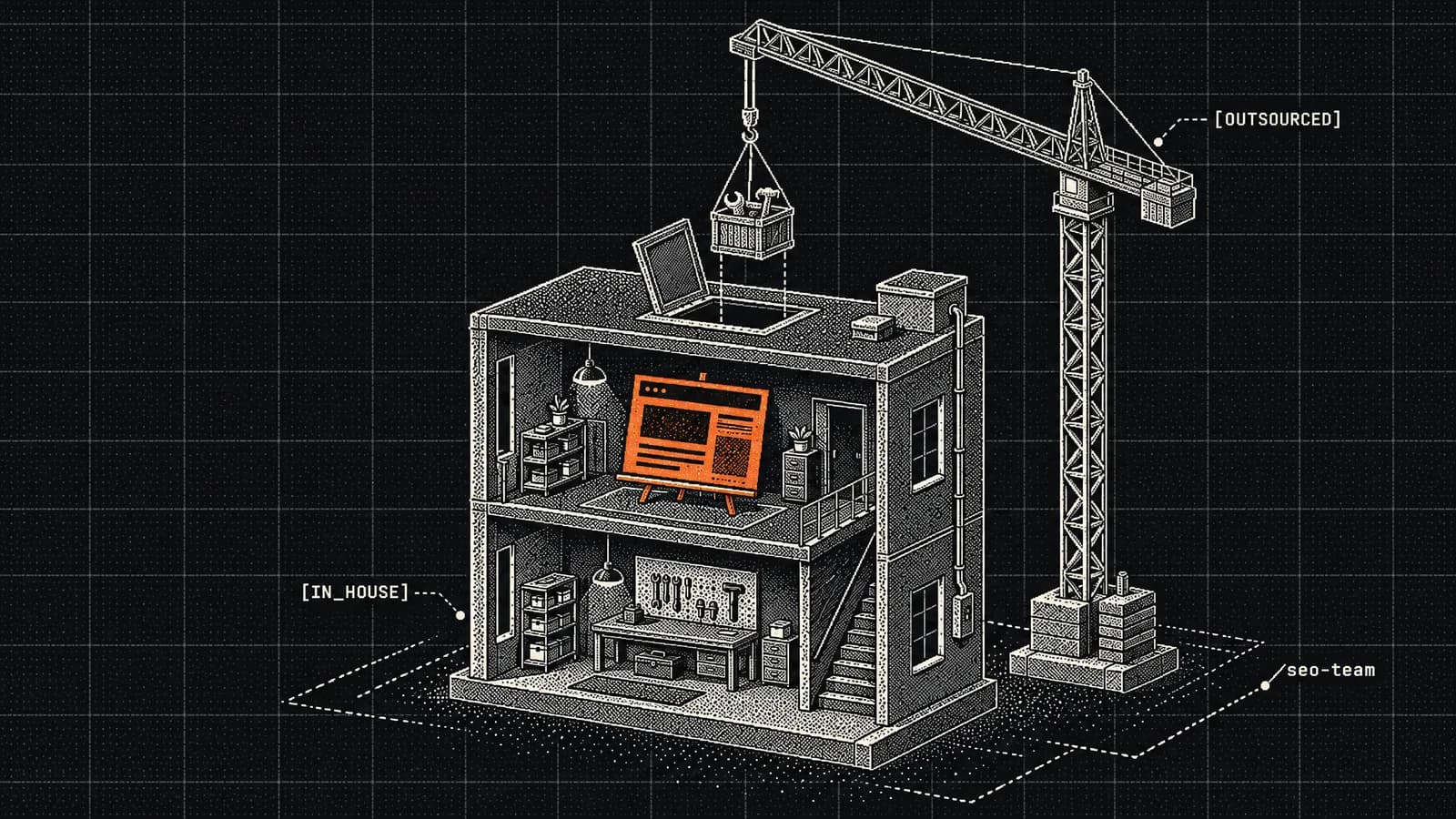An orange web page on an easel inside a building, worked on by an in-house workshop below and an outside crane above
