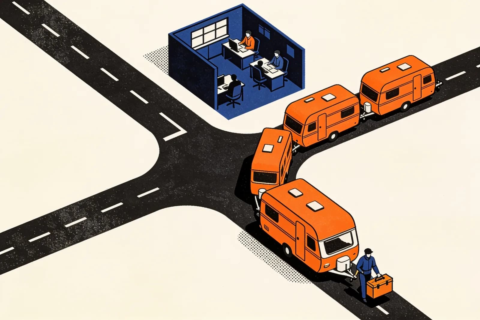 Forked road between an in-house office and arriving outside specialists, illustrating SEO team choices