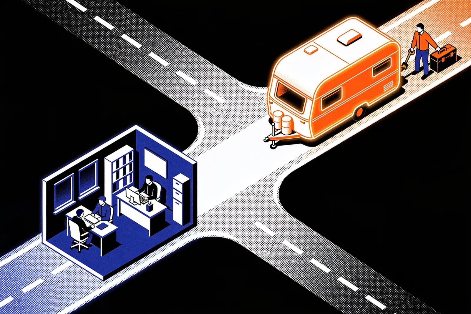 Forked road between an in-house office and arriving outside specialists, illustrating SEO team choices
