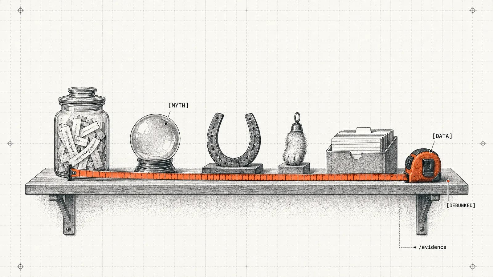 Ein orangefarbenes Maßband ist entlang eines Museumsregals voller alter SEO-Aberglauben gespannt