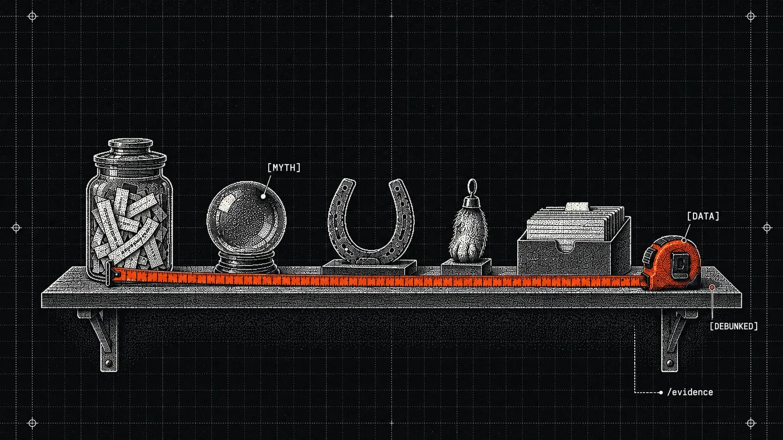 An orange measuring tape is stretched along a museum shelf of old SEO superstitions