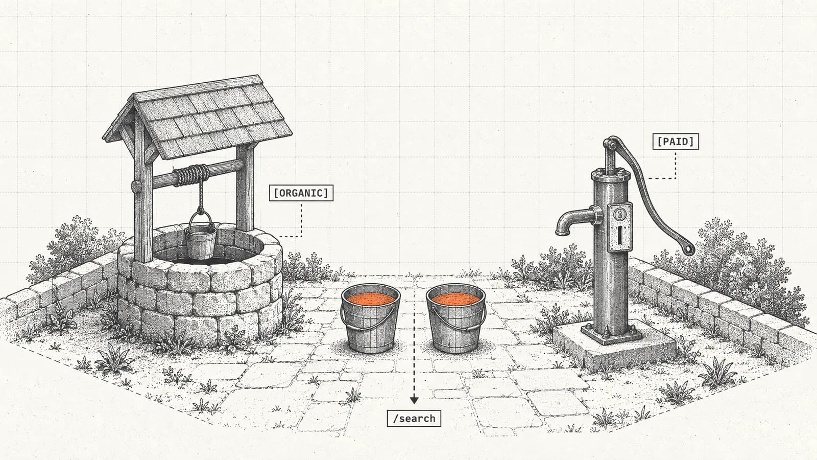 Ein Steinbrunnen und eine Münzpumpe füllen zwei gleiche Eimer mit orangefarbenem Wasser