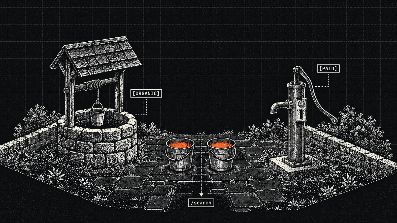 A stone well and a coin-operated pump fill two identical buckets with orange water