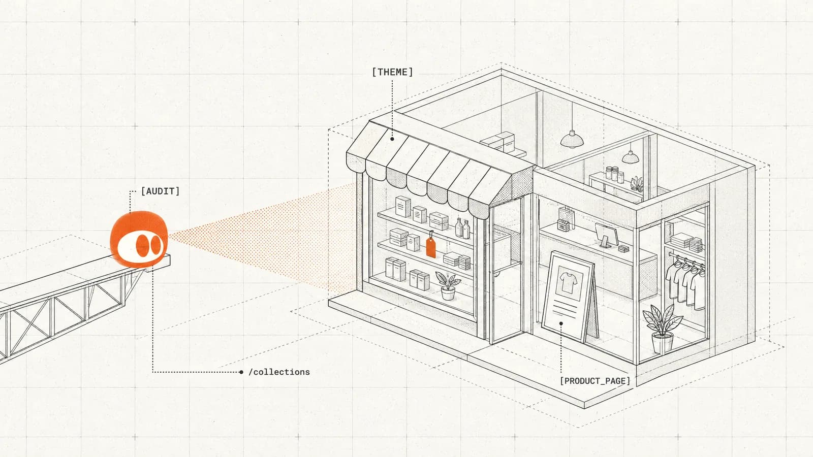 The orange SEOmator agent beams a stippled scan onto a wireframe online storefront, one product tag marked in orange