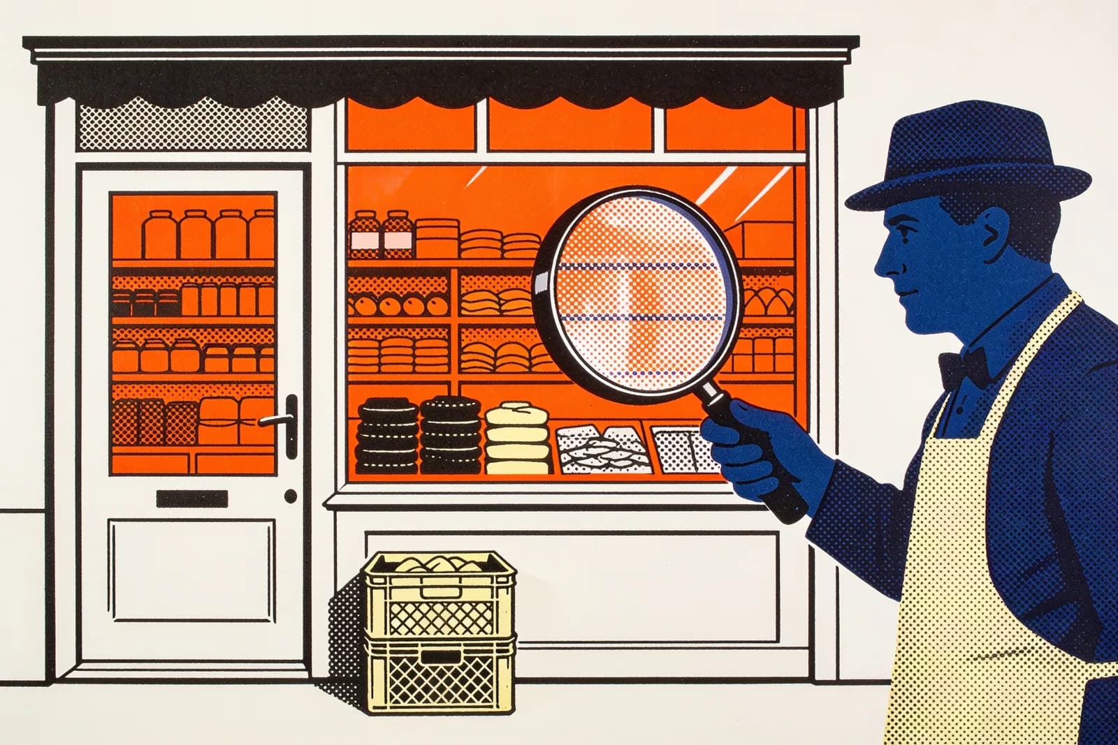 Ladenbesitzer inspiziert ein leuchtendes Schaufenster mit einer Lupe – Sinnbild für ein SEO-Audit eines Shopify-Shops