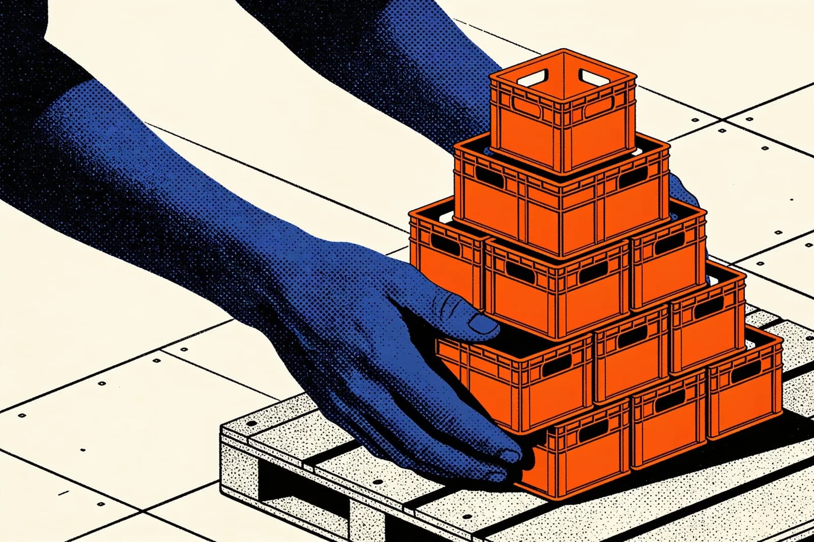 Hands stacking glowing crates into a precise interlocking pyramid, illustrating ecommerce structured data