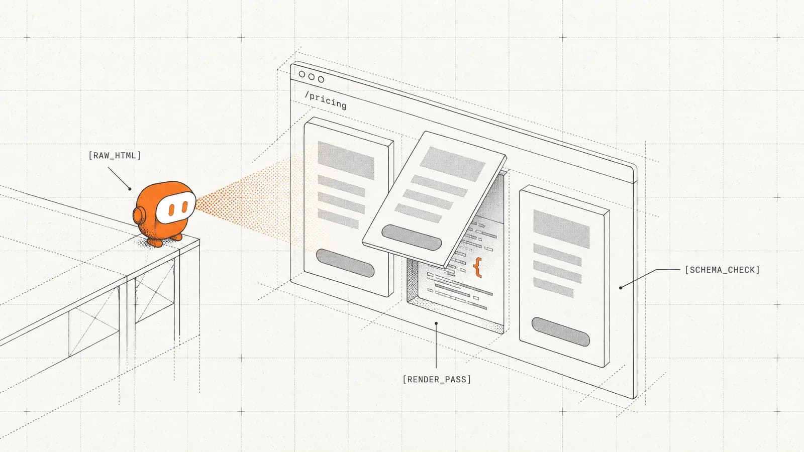 The orange SEOmator agent beams a stippled scan onto a wireframe SaaS pricing page whose middle plan card lifts to reveal a hidden layer of code