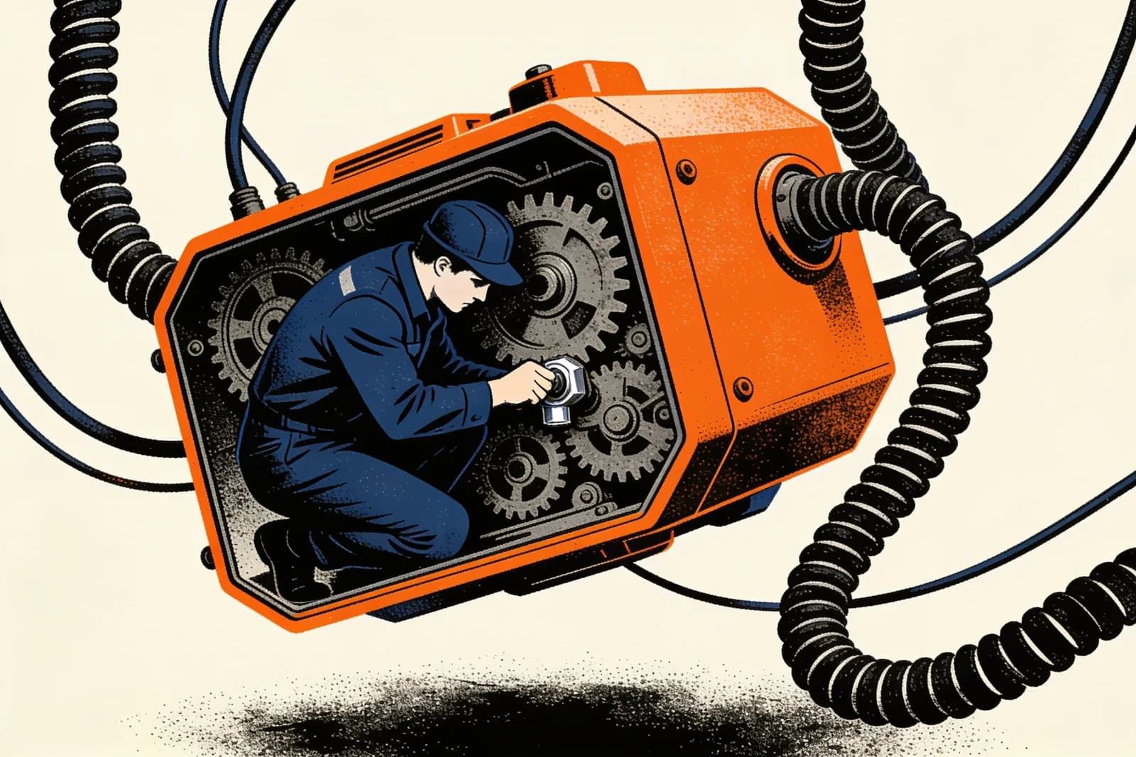 Engineer tightening a bolt inside the gears of a floating machine, illustrating technical SEO for SaaS