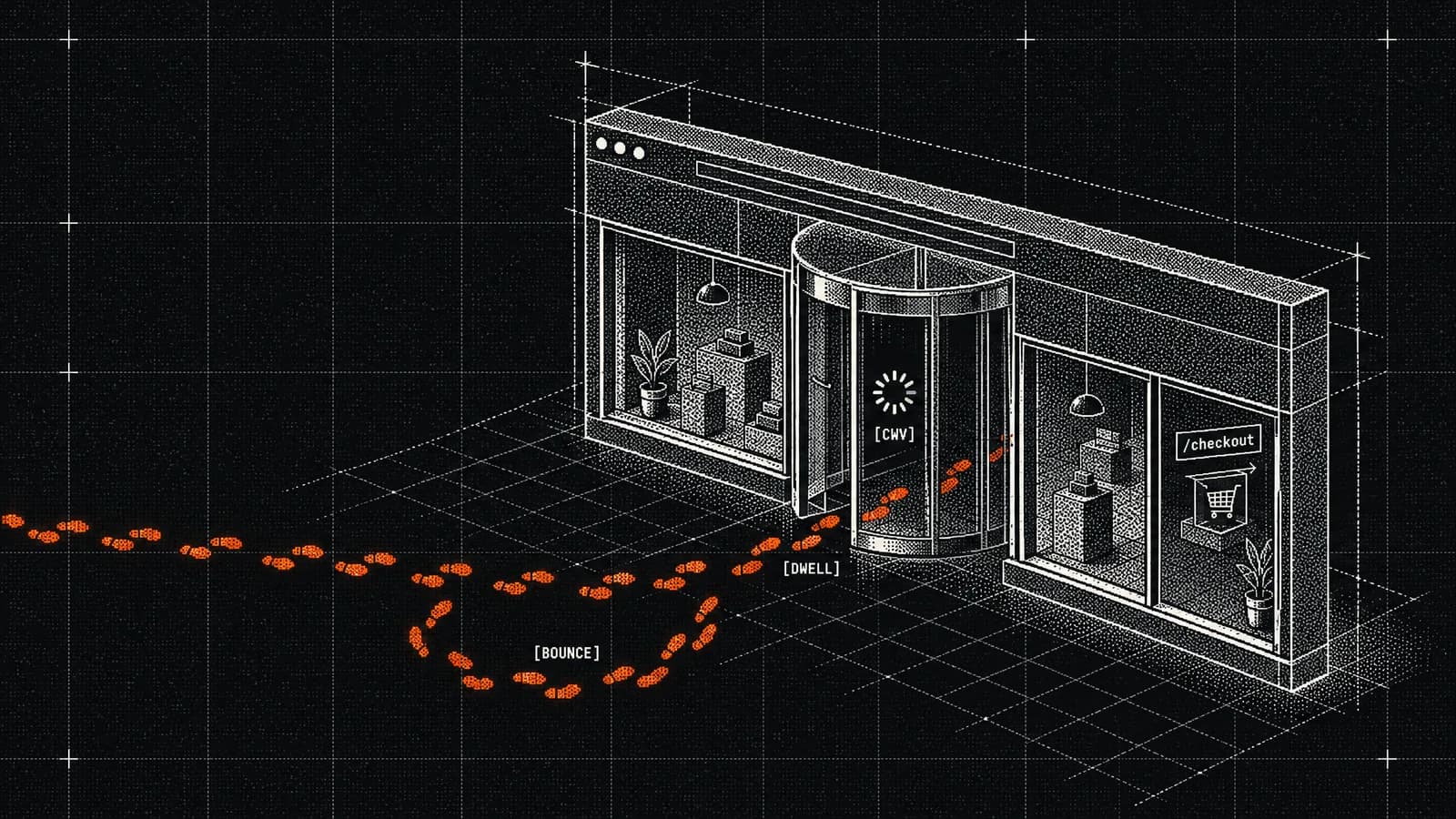A trail of orange footprints approaches a slow revolving door, and most of them turn back