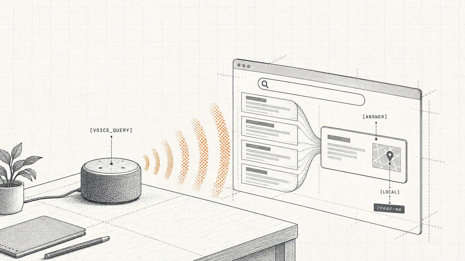 Orangefarbene Schallwellen eines smarten Lautsprechers verwandeln eine Suchergebnisseite in eine einzige gesprochene Antwort
