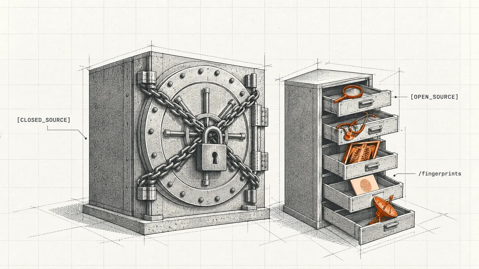 A padlocked vault beside a cabinet of open drawers holding orange detection tools