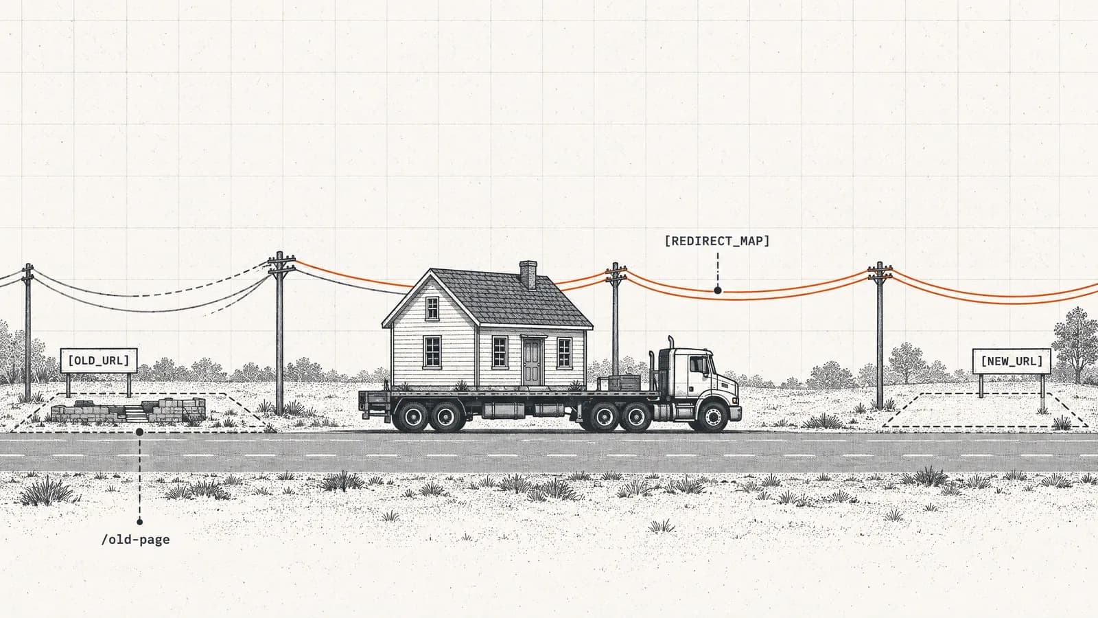 A house moves on a flatbed truck to a new plot while orange cables are re-strung to follow it