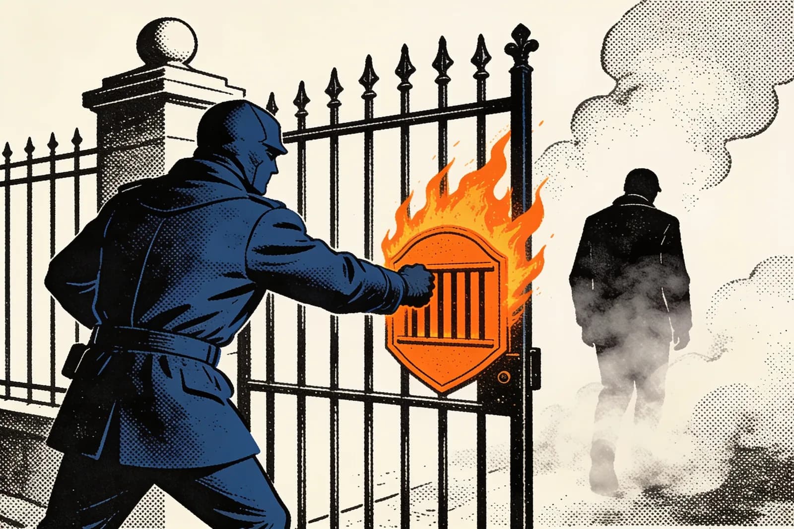 Gatekeeper slamming a barred gate as figures turn away into fog, illustrating a URL blacklist