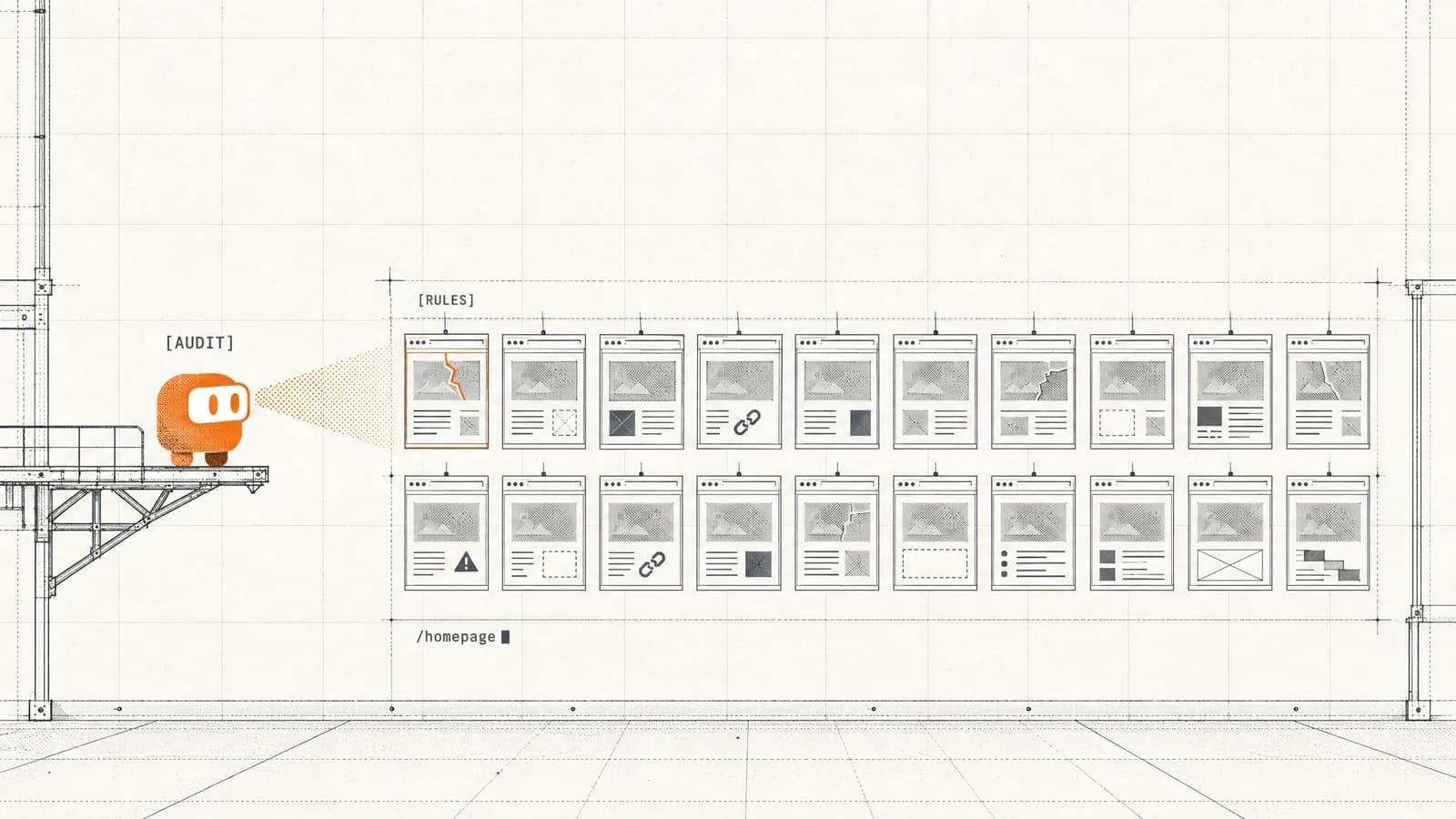 The orange SEOmator agent scans a gallery of twenty homepages, each with a small flaw
