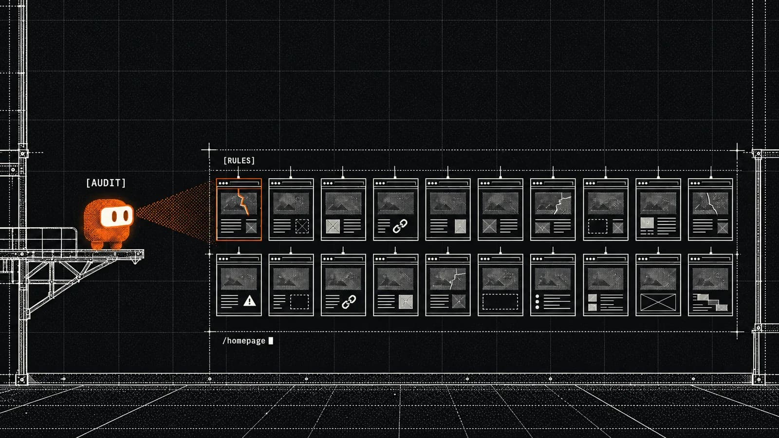 The orange SEOmator agent scans a gallery of twenty homepages, each with a small flaw