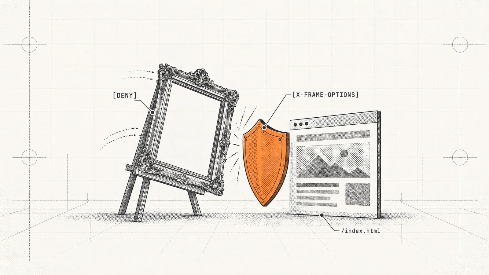 A web page raises an orange shield and keeps an empty picture frame from closing around it