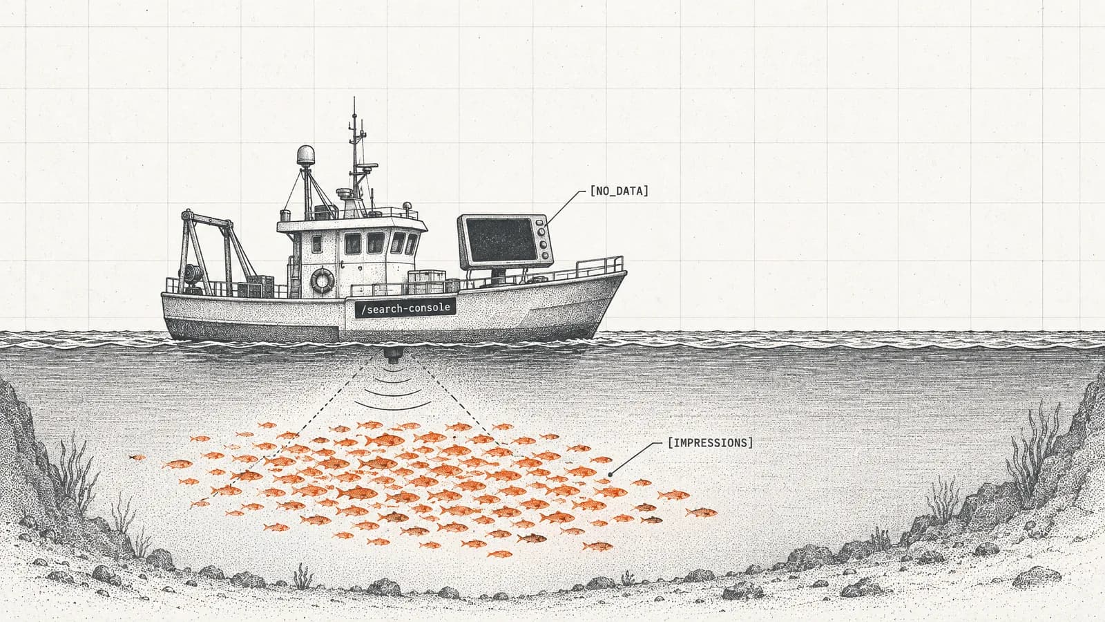 Das Sonar eines Bootes zeigt nichts an, während direkt darunter ein Schwarm orangefarbener Fische schwimmt