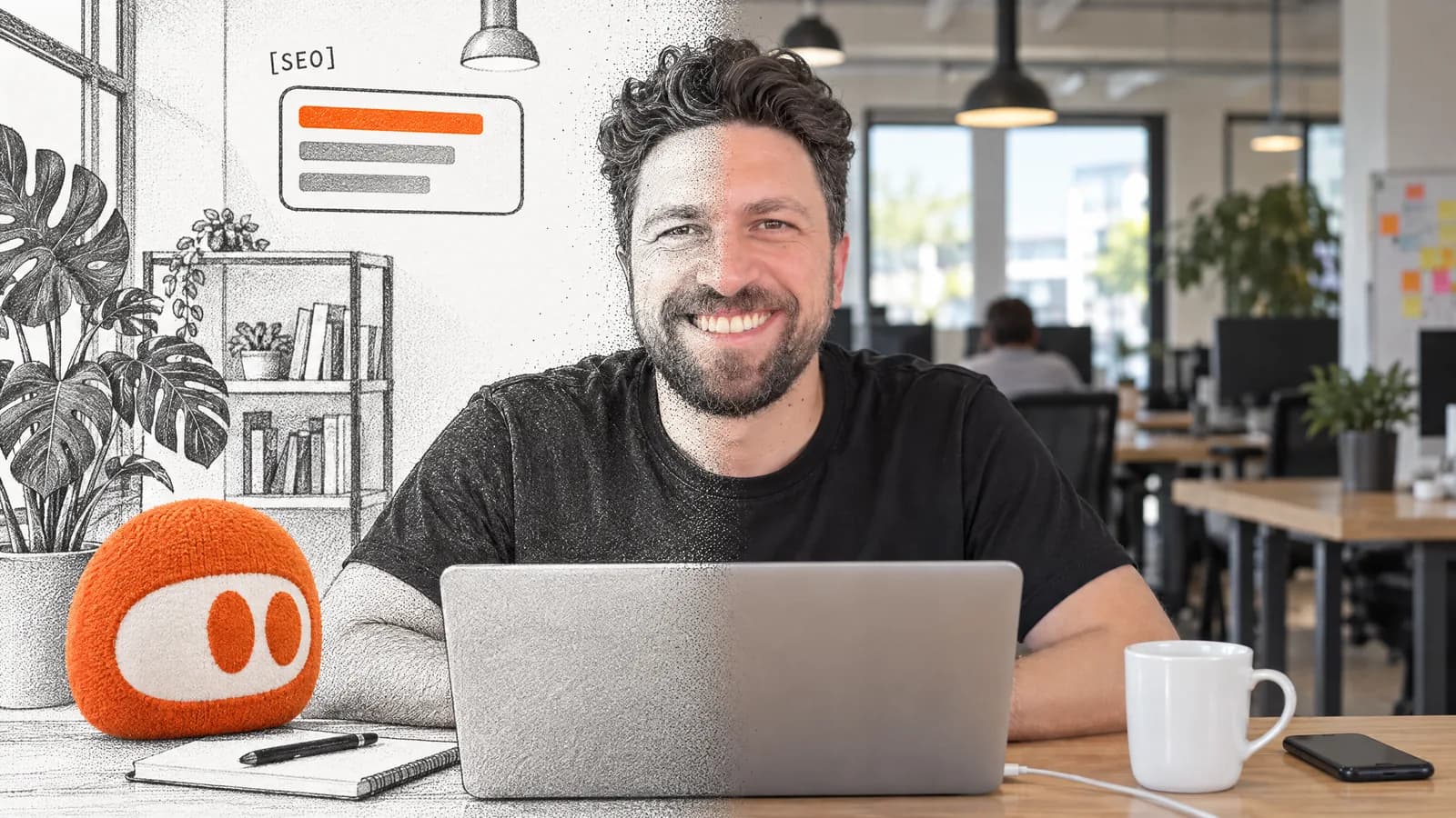 Illustration made from photos of Emre Elbeyoglu, SEOmator's founder: he sits at a desk beside the orange SEOmator agent plush, and the left half of the picture, half his face included, is a pencil drawing.