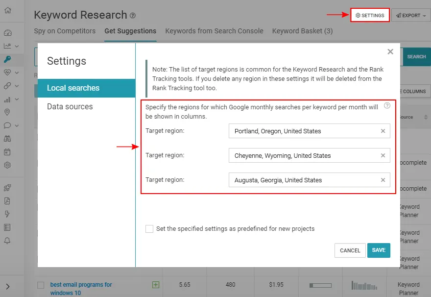 SEOmator Keyword Research local suggestions by country and city