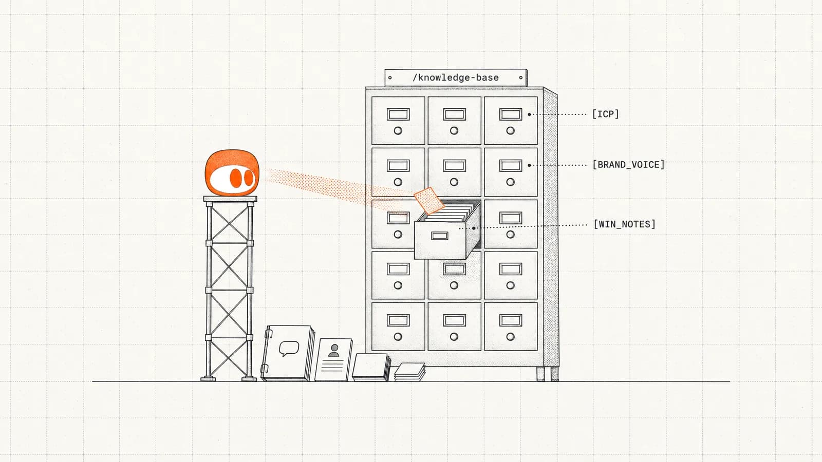 The orange SEOmator agent files an index card into a card-catalogue cabinet, the client's call transcripts, profile sheet and notes waiting at its foot
