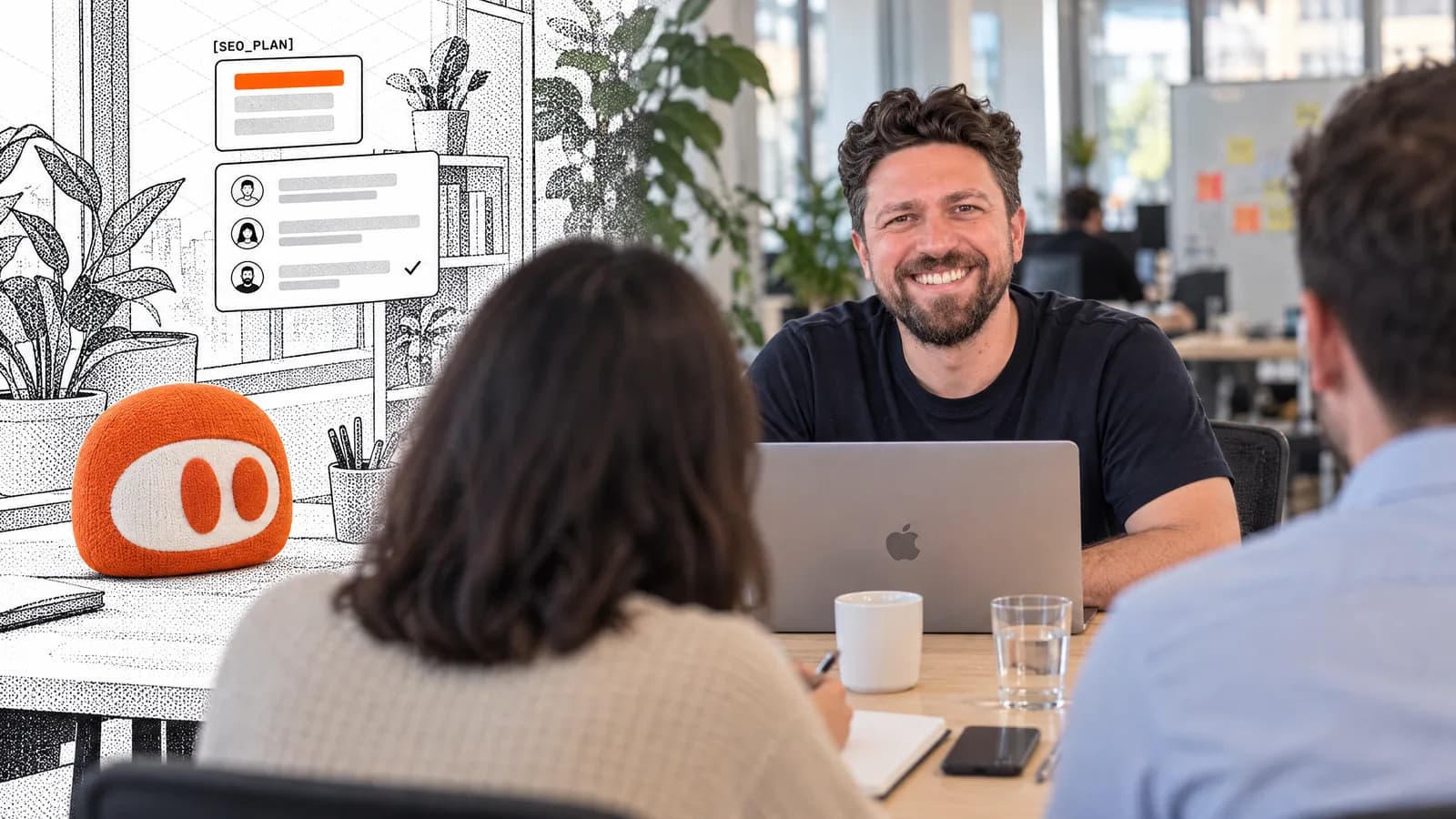 Illustration based on photos of Emre Elbeyoglu, SEOmator's founder, in a meeting with two clients at his MacBook, the SEO plan and the team's chat drawn beside them; the plush SEOmator agent sits on the table.