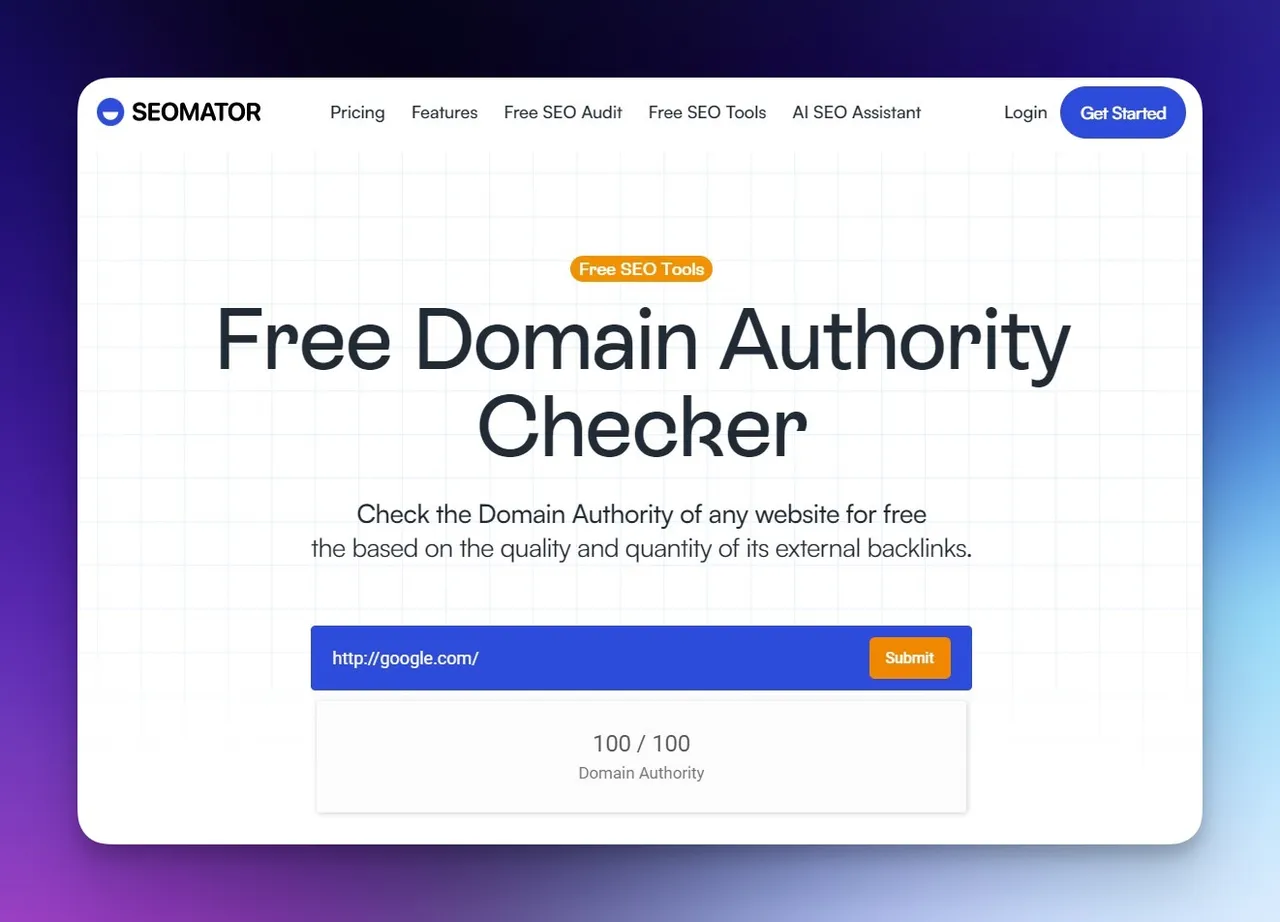 SEOmator's domain authority checker tool