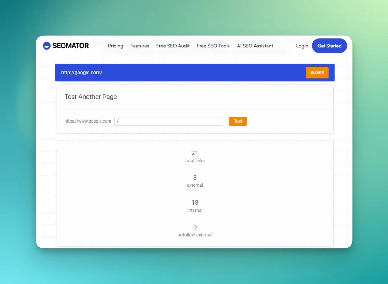 SEOmator Internal Link Checker Tool zeigt Link-Typen, Ankertext und Follow-Attribute fuer eine Anwaltskanzlei-Website
