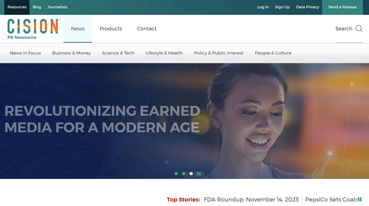 The homepage of PR Newswire, public relations and communication platform