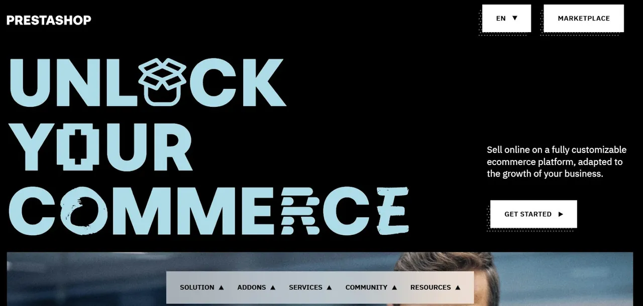 PrestaShop CMS homepage showing the open-source e-commerce platform dashboard and feature overview