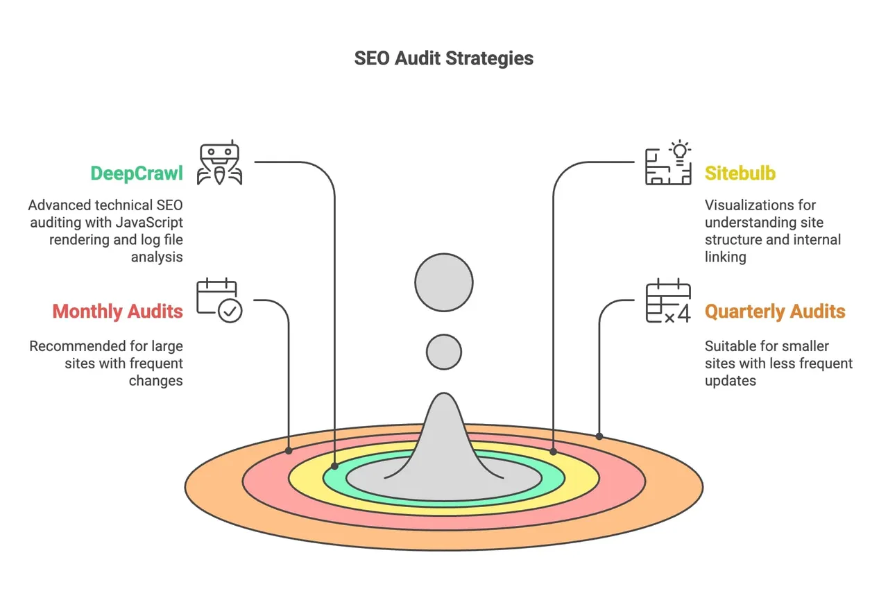 A diagram depicting various SEO audit strategies, emphasizing best practices for improving online presence and search engine results.