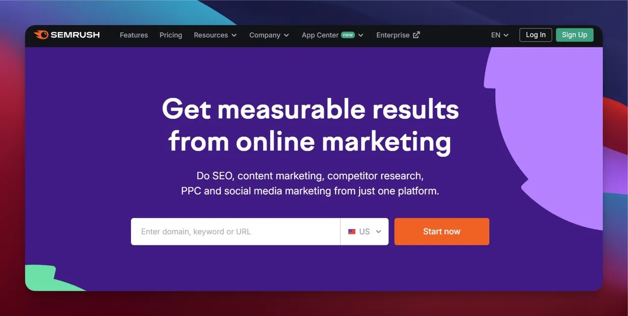Semrush homepage showing the all-in-one SEO and marketing platform interface