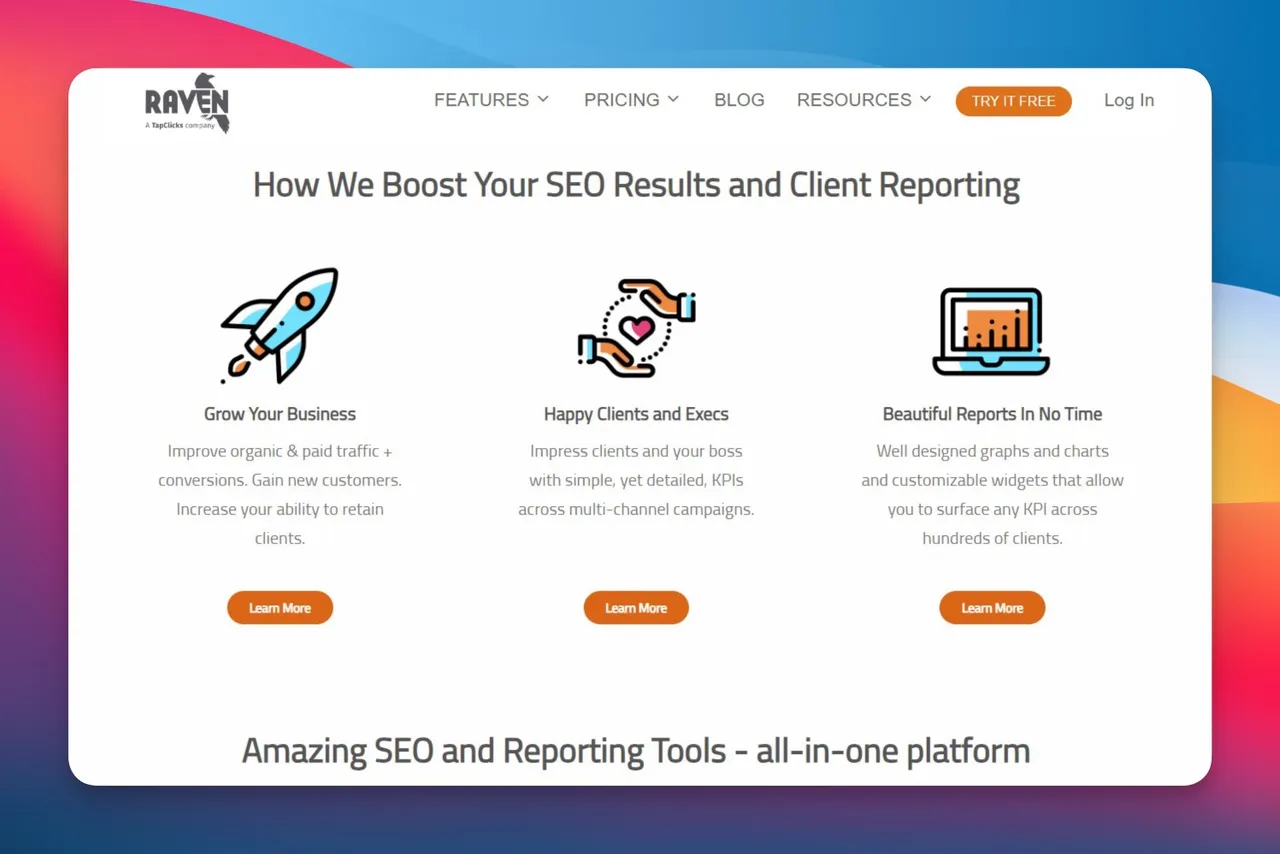 Raven Tools reporting dashboard with customizable SEO metrics and white-label branding options