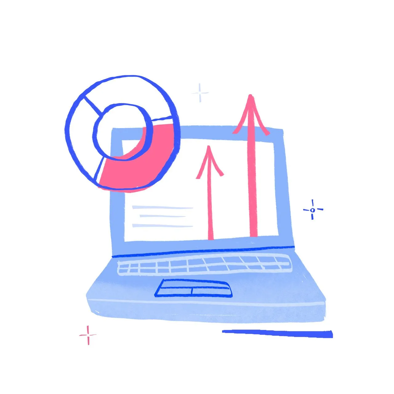 Two arrows increasing and a pie chart above the laptop