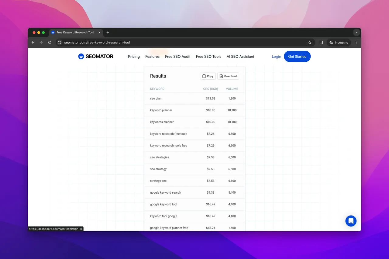 Die Ergebnisseite der Keyword-Recherche in SEOmator