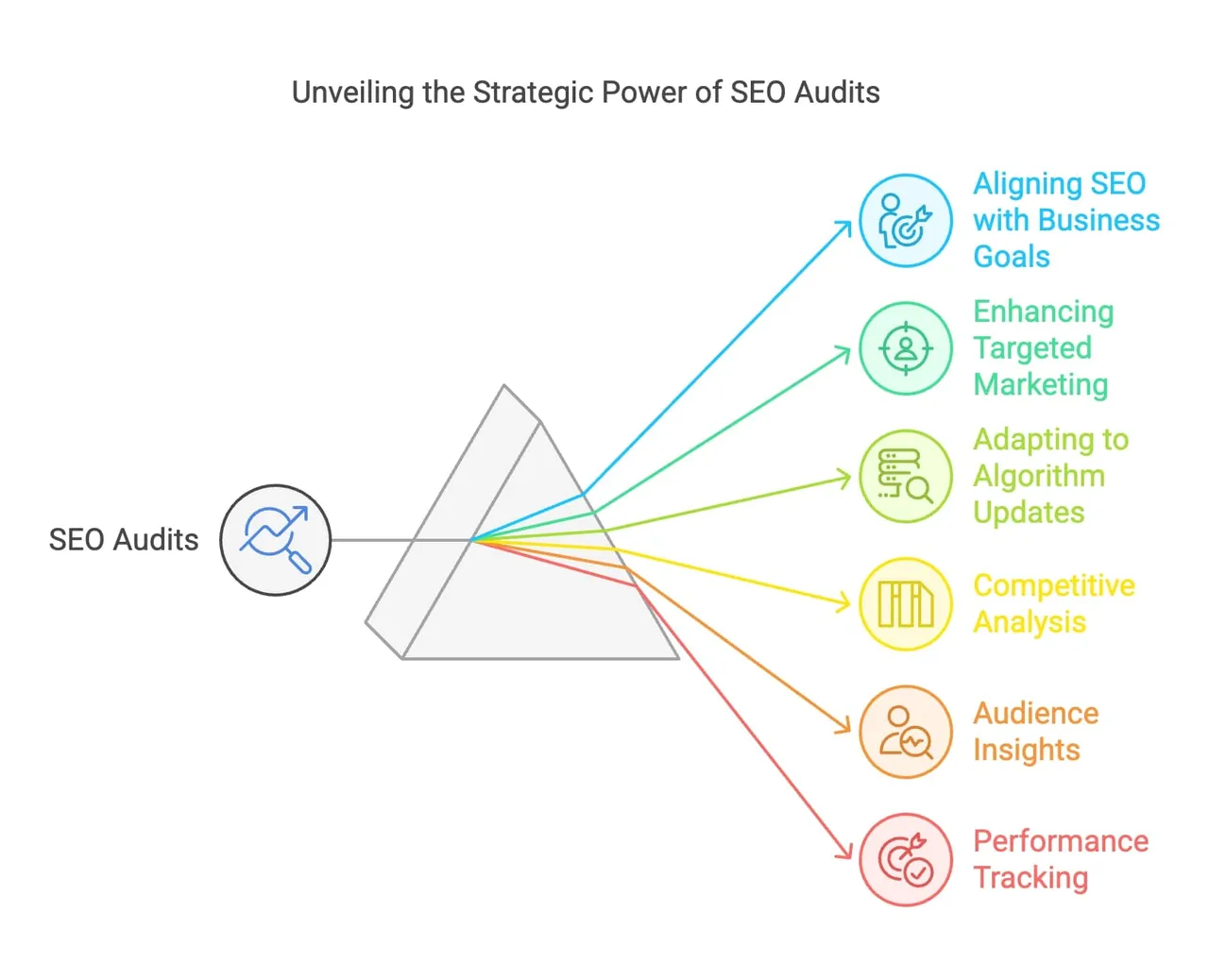 Strategic framework showing how SEO audits integrate with digital marketing goals to improve website performance