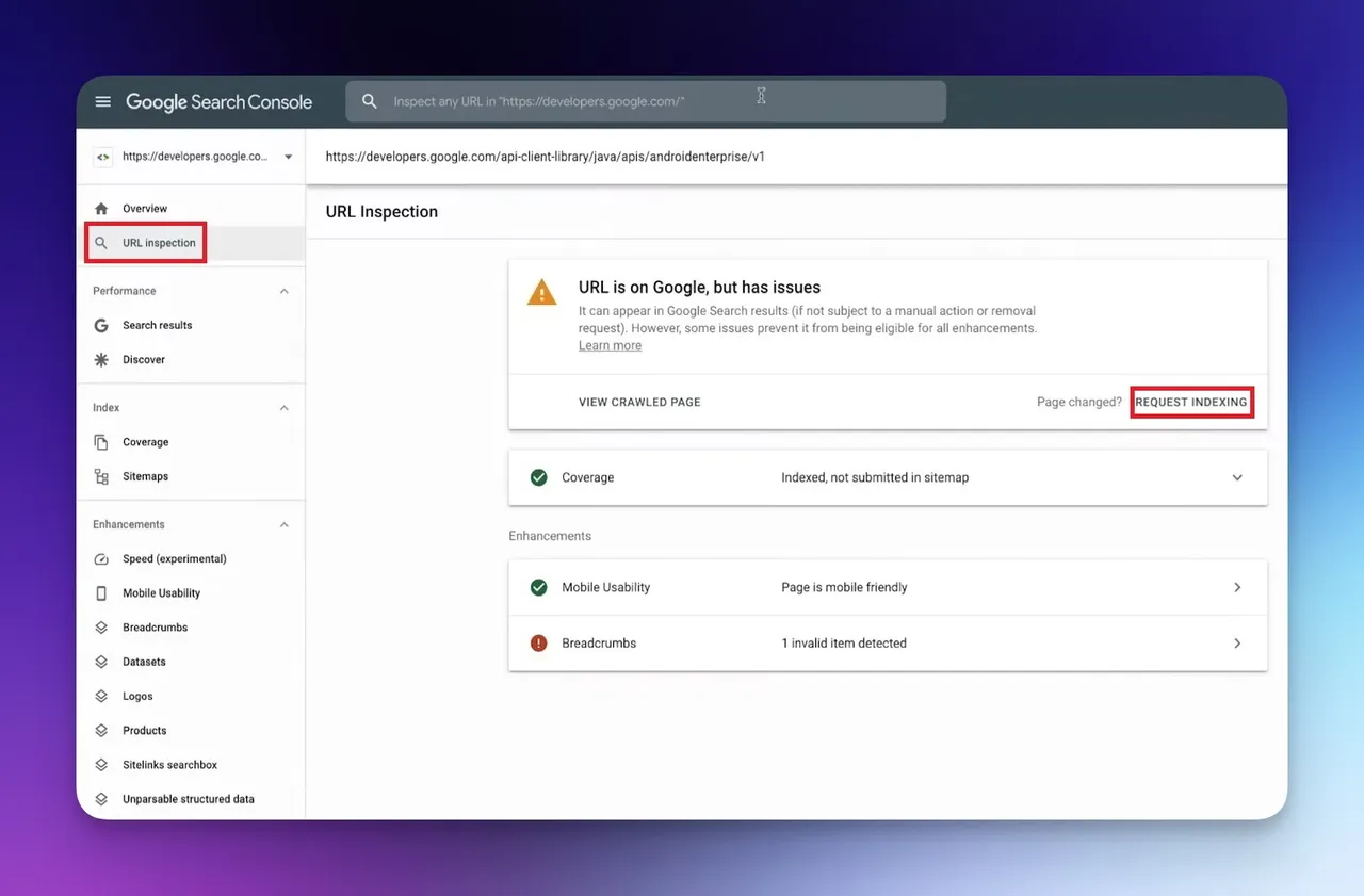 URL-Inspektionstool der Google Search Console