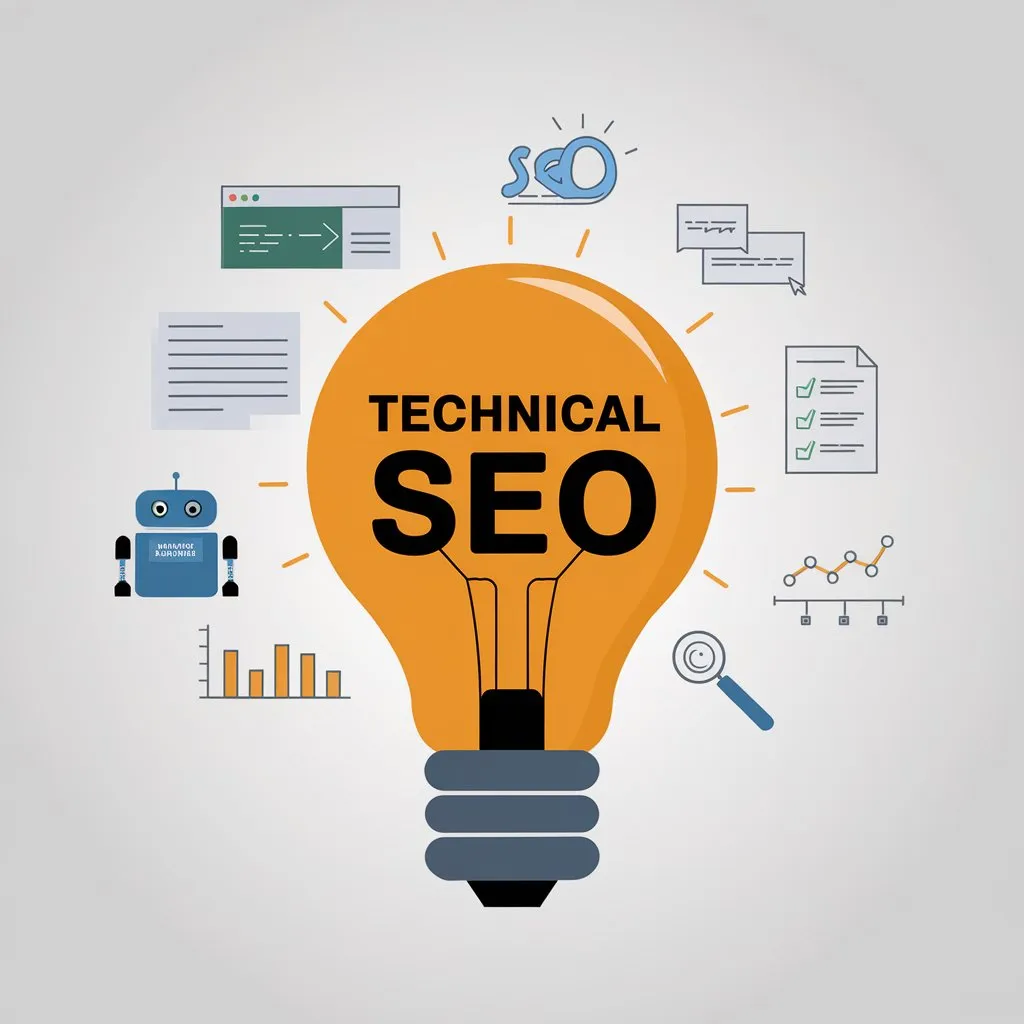 Diagramm mit den fuenf wichtigsten technischen SEO-Elementen fuer SaaS-Websites: Seitenstruktur, Crawling, Core Web Vitals, Content-Optimierung und Schema-Markup