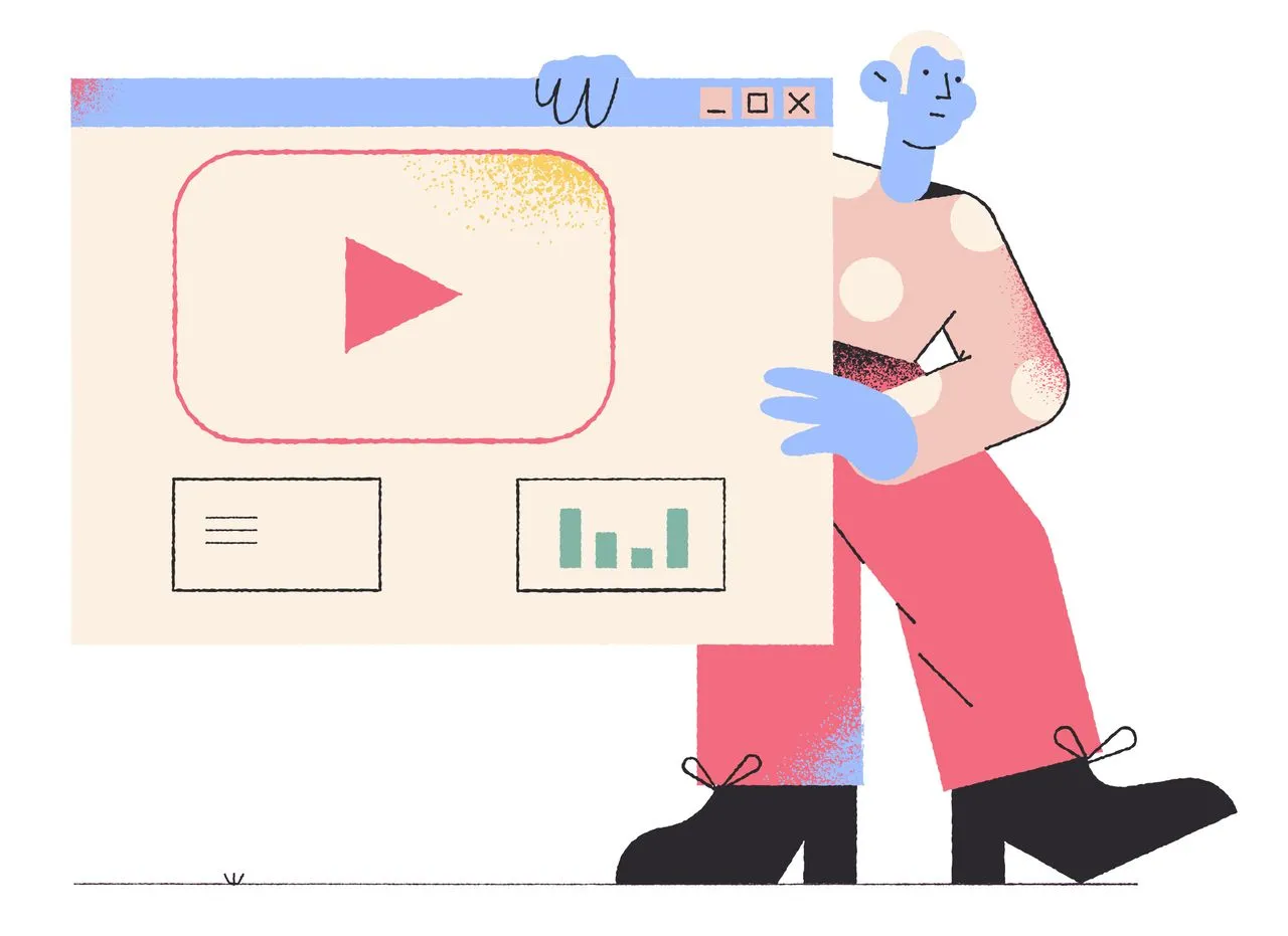 an illustrative man showing a web page that has a video content